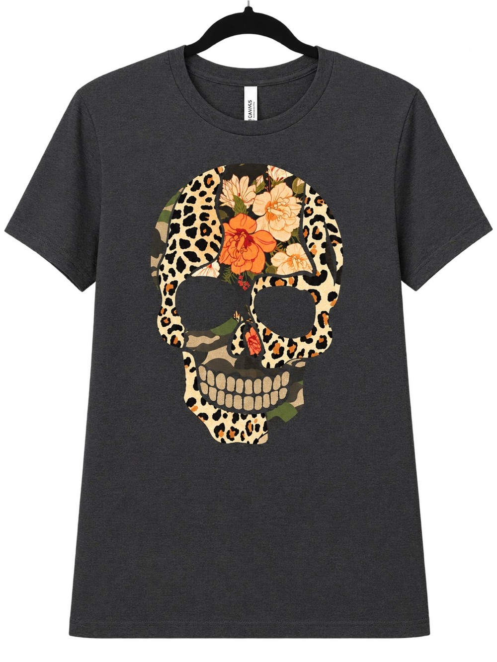 Bella Canvas Charcoal Tee with Orange Floral & Leopard Skull Graphic